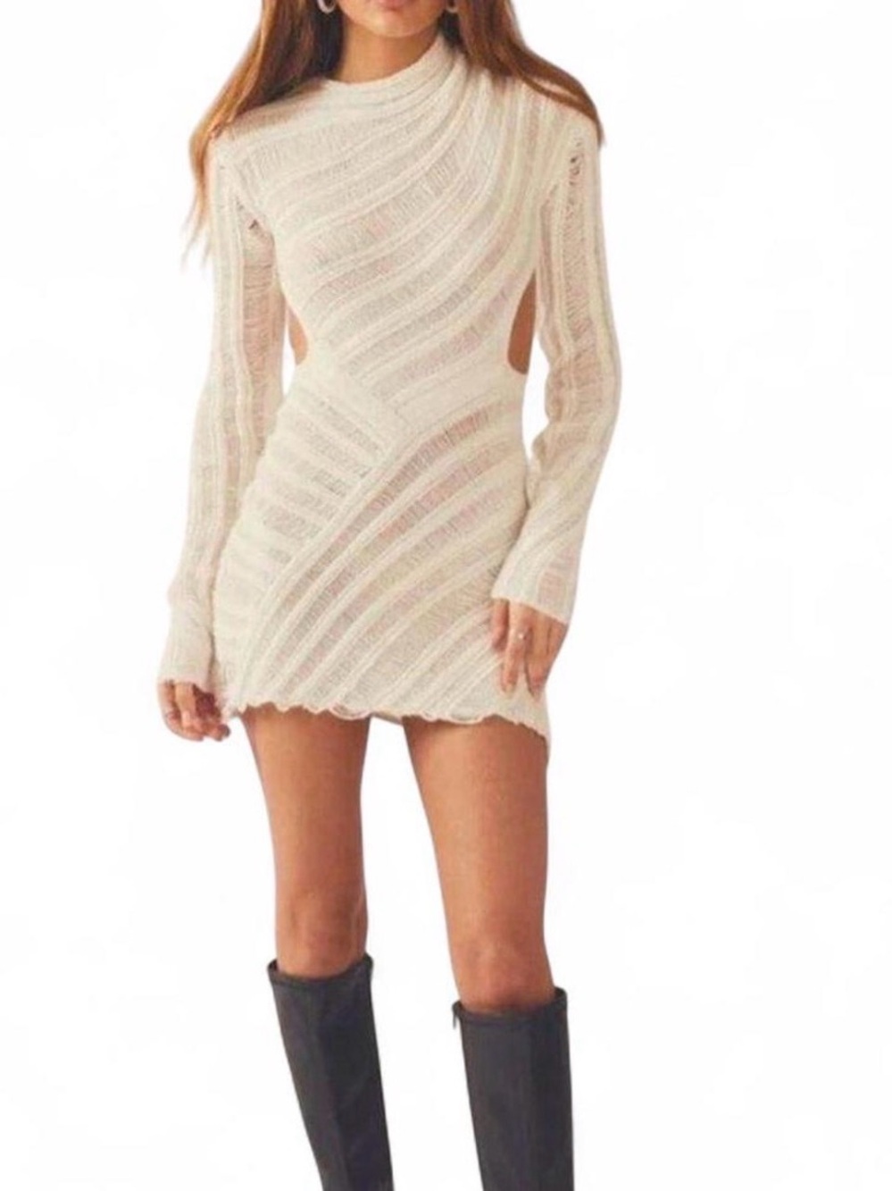 Peppermayo Cream Long-Sleeve Cutout Knit Mini Dress